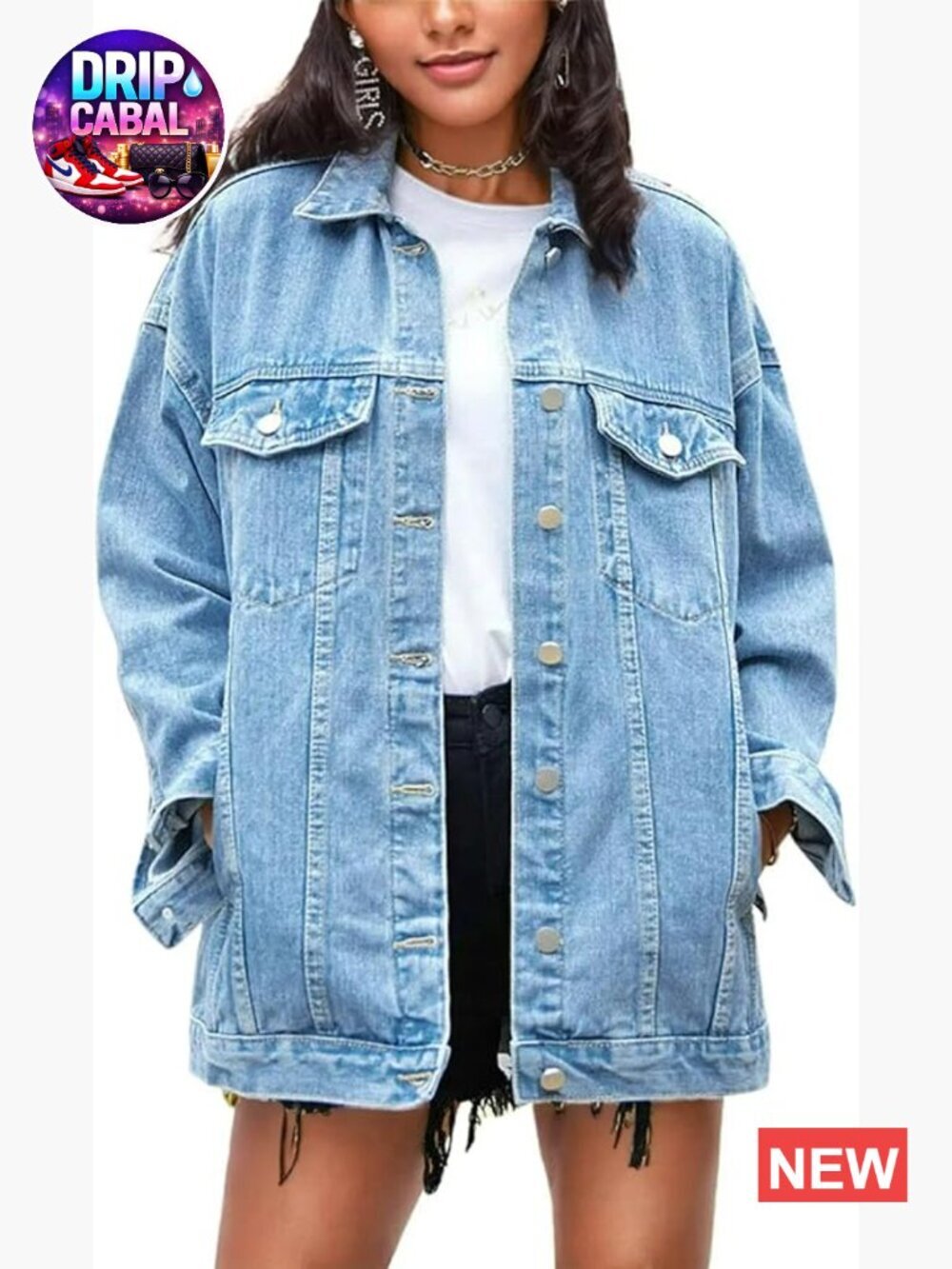 Oversized Mid Long Denim Jacket Jean Biker Coat Button Front Cotton